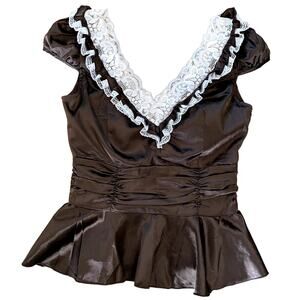 Y2K Inspired Women's Romantic Coquette Dark Chocolate Satin Milkmaid Blouse S